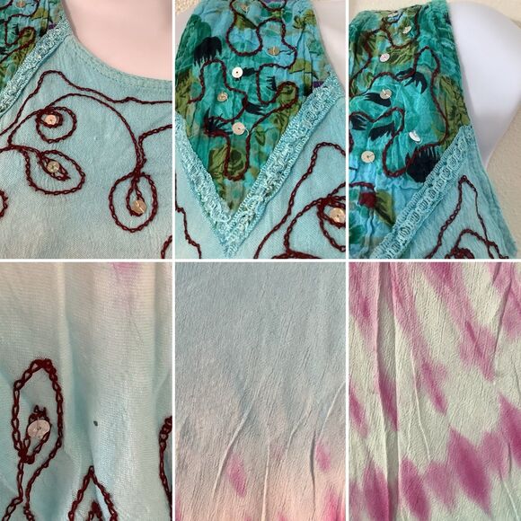 Vintage Blue Tie Dye Fairy Hippie Boho Embroidered Festive Mini Dress Large - Picture 9 of 9